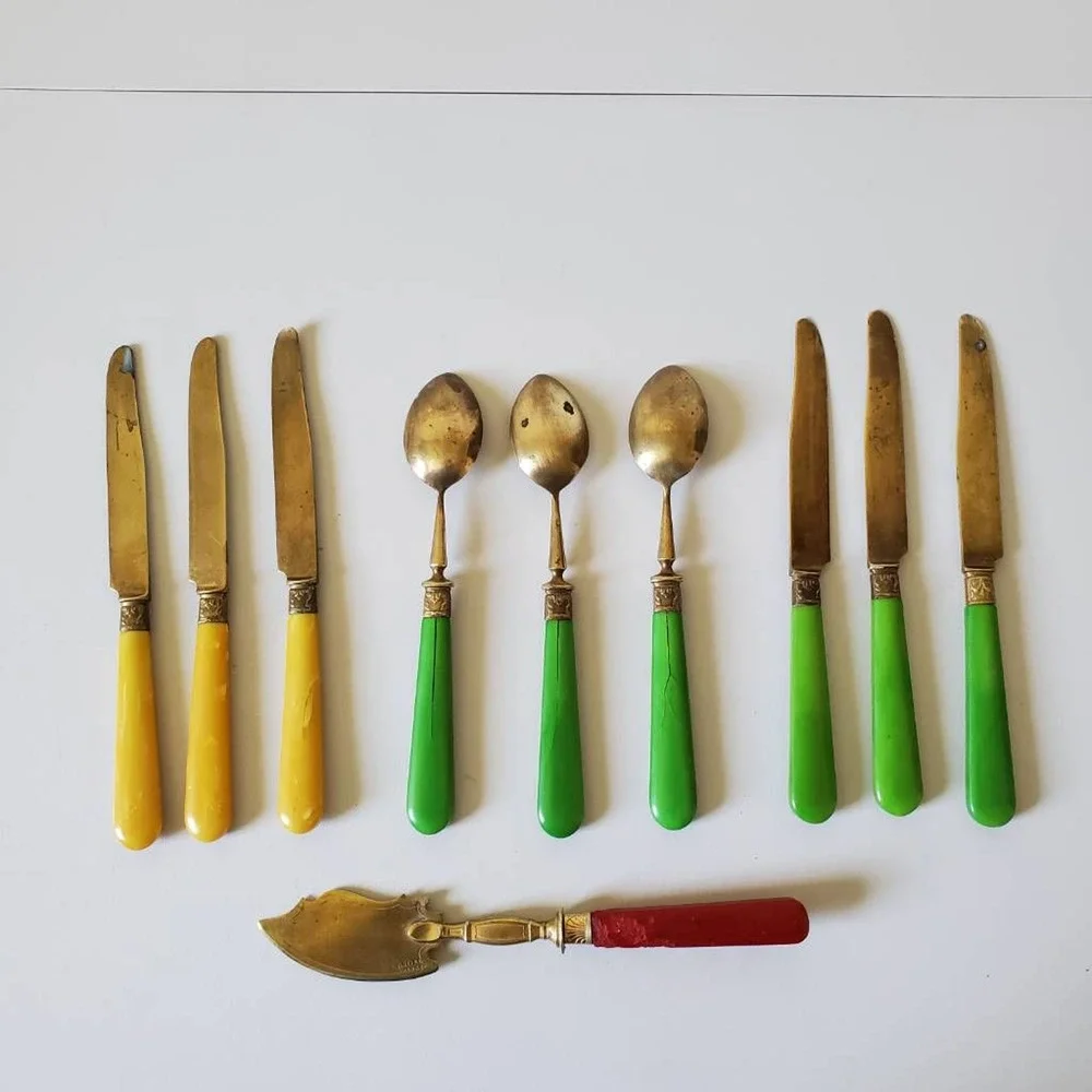 Antique French Brass Bakelite Knife Spoon Flatware Lot of 10 Nadal France